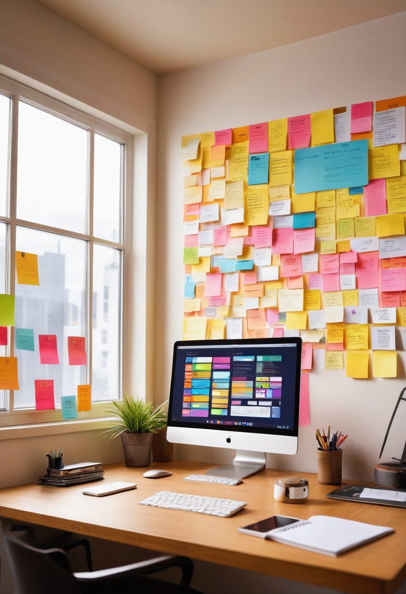 A sleek, modern workspace showcasing a diverse array of web-based tools on a digital screen, including collaborative software, productivity apps, and cloud storage icons. The scene is vibrant and engaging, with a person working intently, surrounded by colorful sticky notes and a motivational quote on the wall. Bright light streams through a window, enhancing the productive atmosphere. vector art. vibrant colors. clean background.