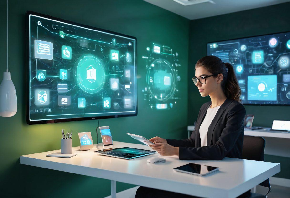 A futuristic workspace showcasing an array of high-tech devices like tablets, smart speakers, and holographic displays, all seamlessly integrated for task management. A person interacts with a digital interface, surrounded by floating icons representing various internet tools and applications. The background features a sleek, modern design with subtle hints of green technology. vibrant colors. super-realistic. futuristic style.