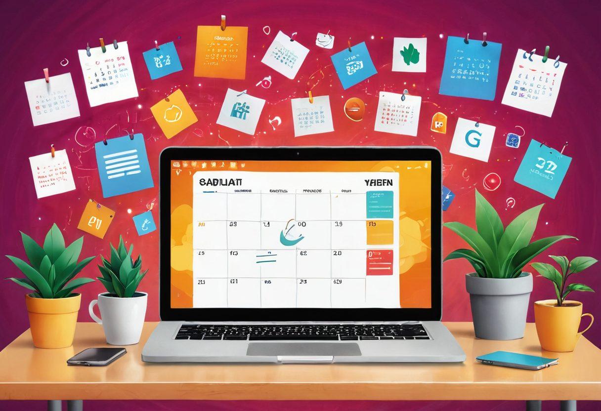 A dynamic illustration showcasing various digital tools like calendars, apps, and laptops, symbolizing productivity. Include vibrant icons of notifications and reminders, with a bright workspace background featuring plants and coffee. Emphasize a motivated person engaged in work, radiating energy and focus. super-realistic. vibrant colors. modern style.